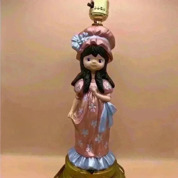 Other - Vintage Handmade 70s Prairie Doll Pink Bonnet Girl Porcelain Table Lamp 16” Tall